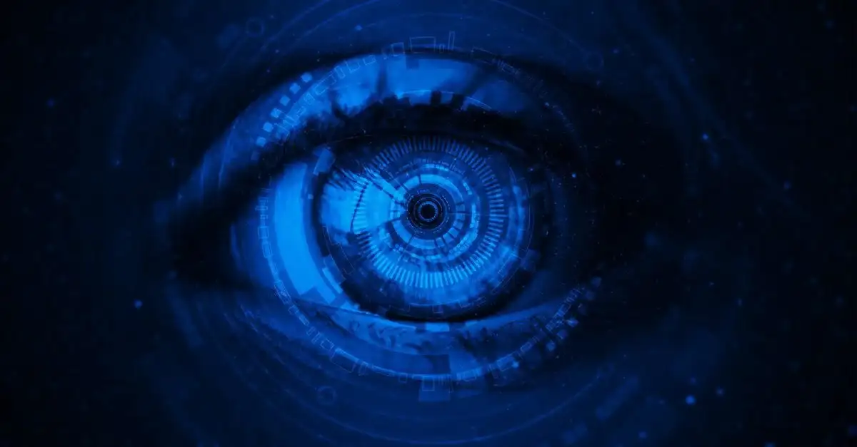 A digital eye in blue tones with binary patterns, symbolizing the three-tiered defense model in organizational risk management.
