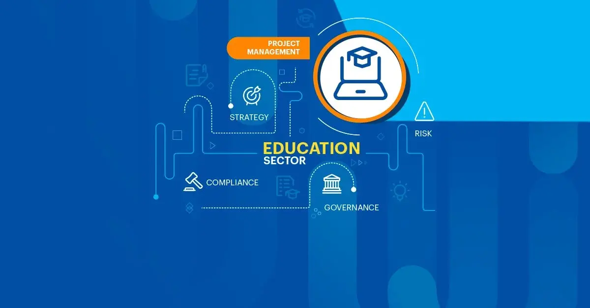 Infographic illustrating the integration of project management strategies within the education sector, highlighting key components such as strategy, risk, compliance, and governance in schools and universities.