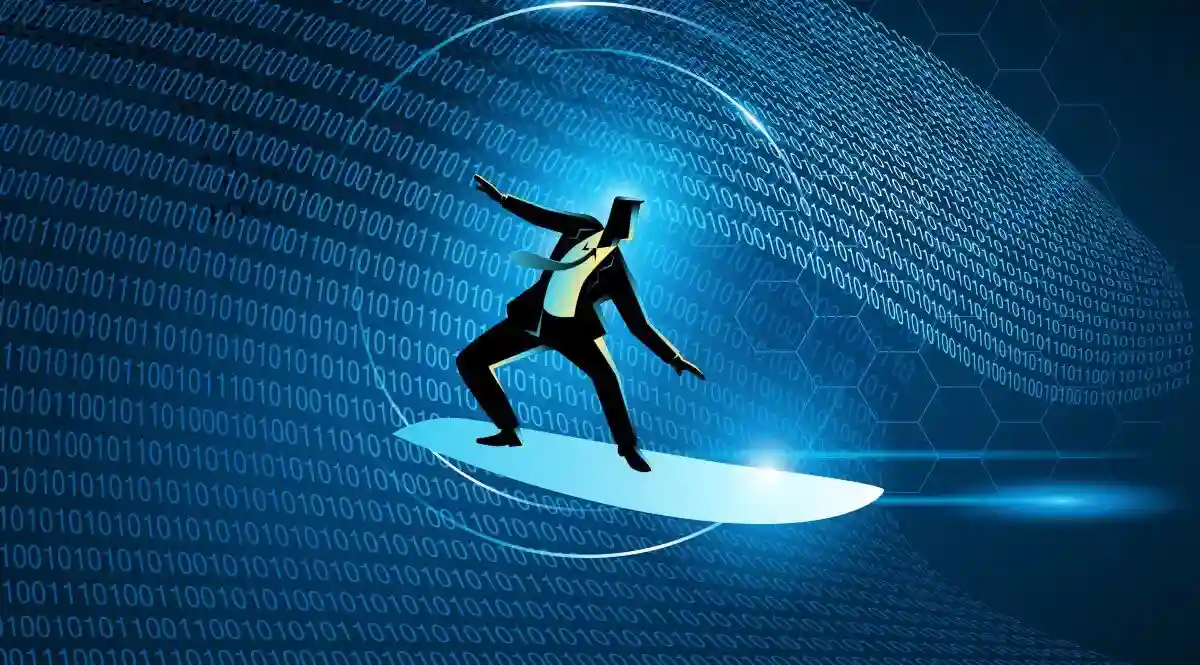 A figure surfing through a binary code tunnel, illustrating dynamic 'risk agility' in cybersecurity and data management.