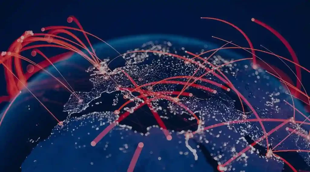 Globe with interconnected red lines representing third-party risk management automation networks.