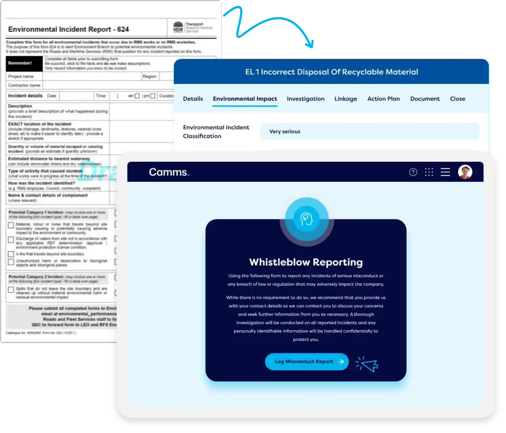 ESG-related incident reporting tools including an environmental incident report form, an online reporting interface for incorrect disposal of recyclable material, and a whistleblowing reporting portal.