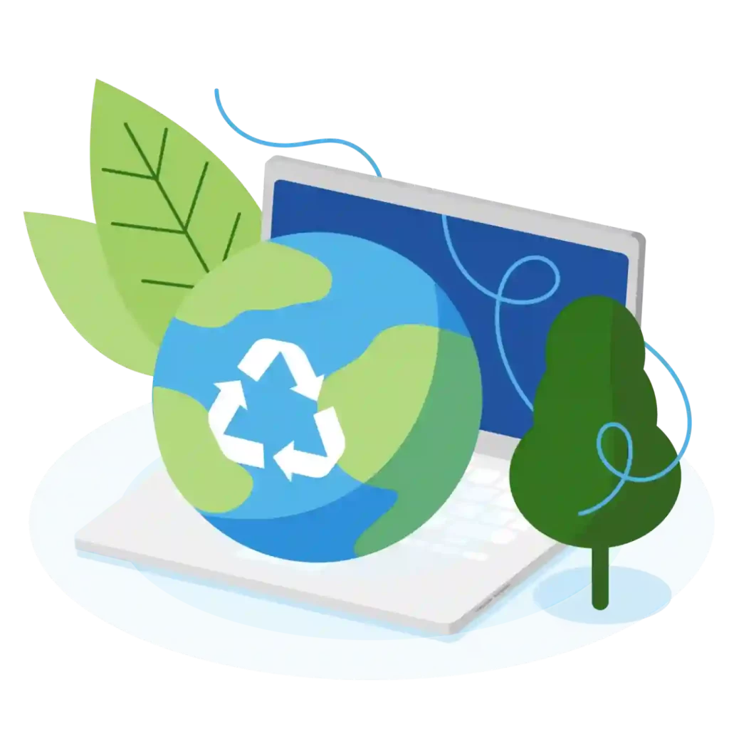 Illustration of ESG management software concept with a recycling symbol on a globe, surrounded by green leaves and a tree, set against a laptop background.