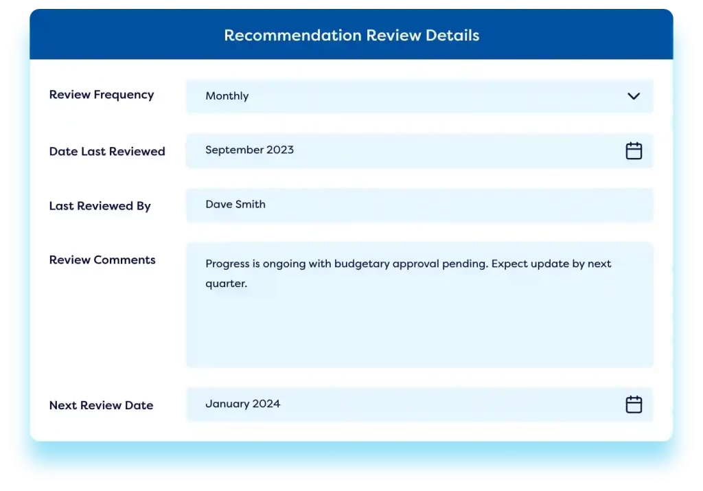 Recommendation review details dashboard in internal audit management software