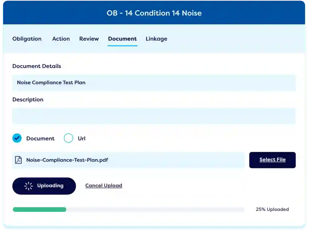 Compliance management software screen showing document upload progress for Noise Compliance Test Plan under Condition 14 Noise.