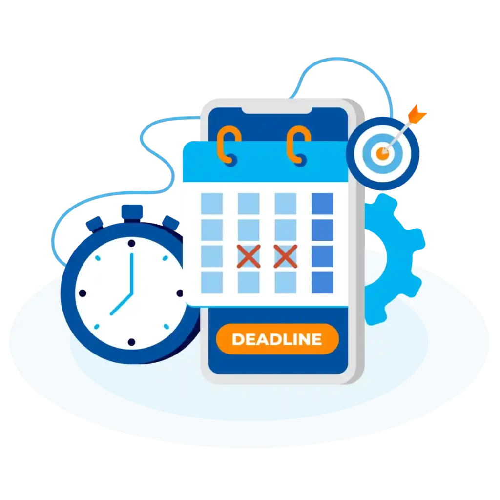 Illustration representing project management software, featuring a calendar with deadlines, a clock, a target with an arrow, and a gear.