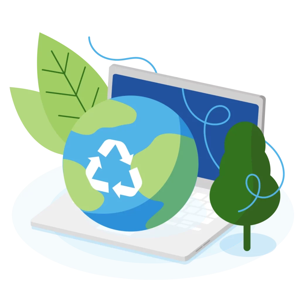 graphic of a globe, a tree, and a recycling symbol in front of a laptop representing ESG effort