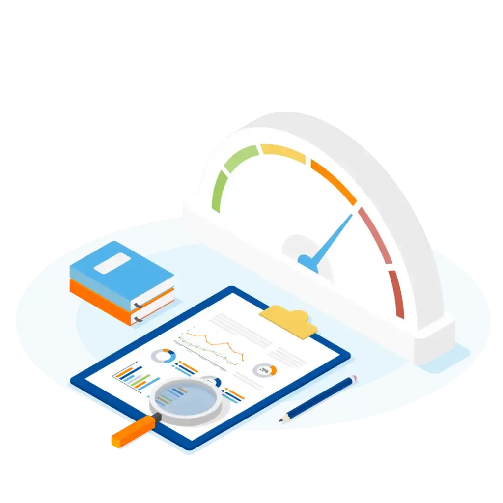 illustration for supplier risk management software with performance metrics, clipboard, and magnifying glass.